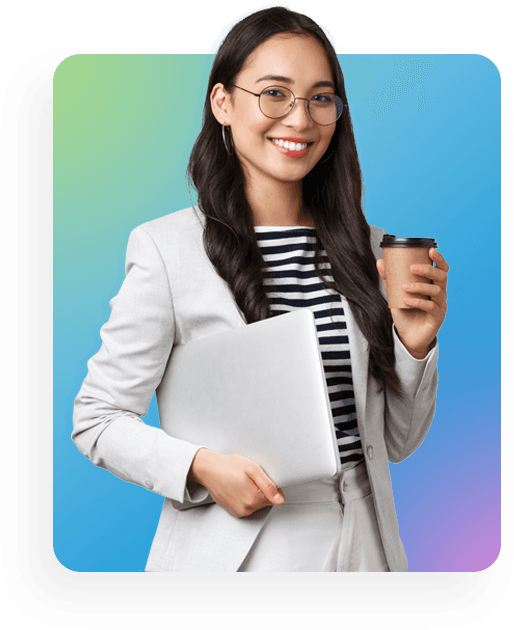 A virtual assistant holding a laptop and a coffee