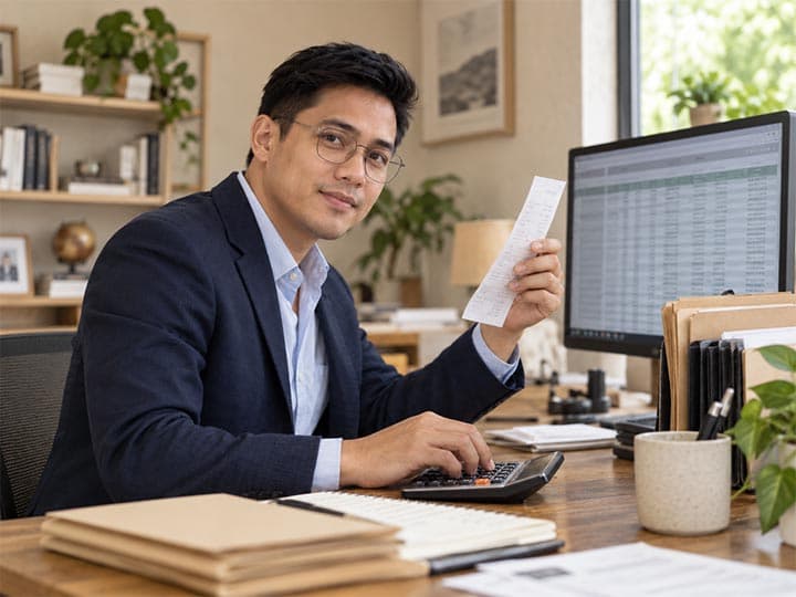 A bookkeeper holding a receipt while entering figures on a calculator beside a spreadsheet