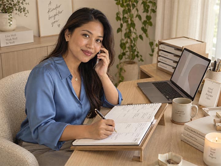 A virtual assistant on a phone call writing in a planner at her desk