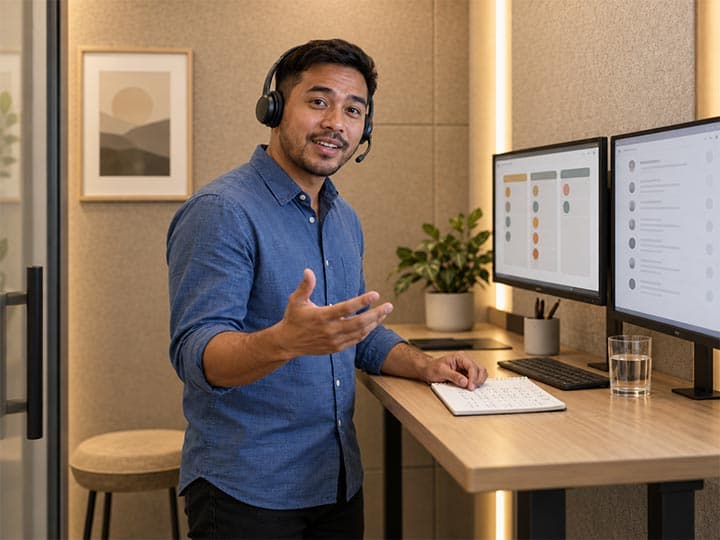 A sales assistant on a headset call at a standing desk with CRM boards on screen
