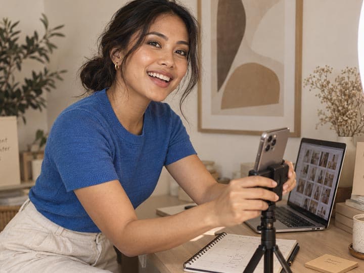 A social media assistant setting up a phone on a tripod beside a laptop of photos